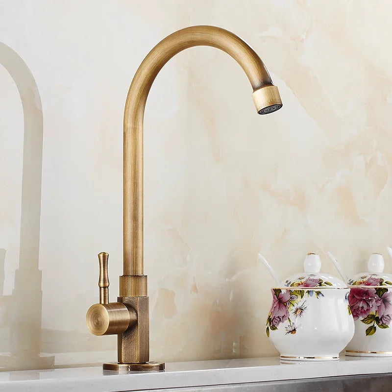 Afralia™ Brass Classic Cold Water Kitchen Faucet, Single Lever Gooseneck Tap, Bronze Brushed Finish