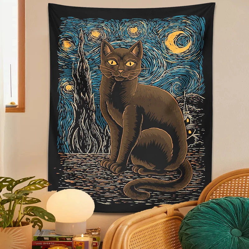 Afralia™ Starry Night Cat Tapestry: Van Gogh Inspired Mysterious Wall Decor