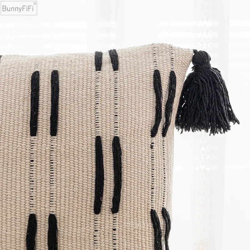 Afralia™ Black Ivory Mustard Tassel Woven Cushion Cover for Home Decoration