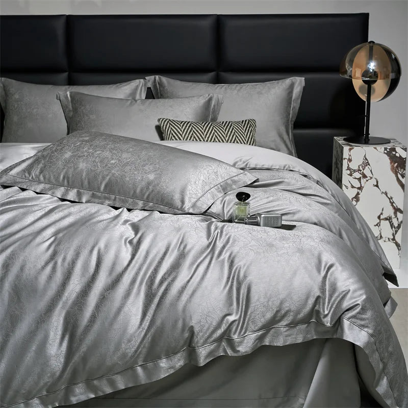 Afralia™ Luxury Grey Jacquard Cotton Bedding Set with Silky Duvet Cover and Pillowcases