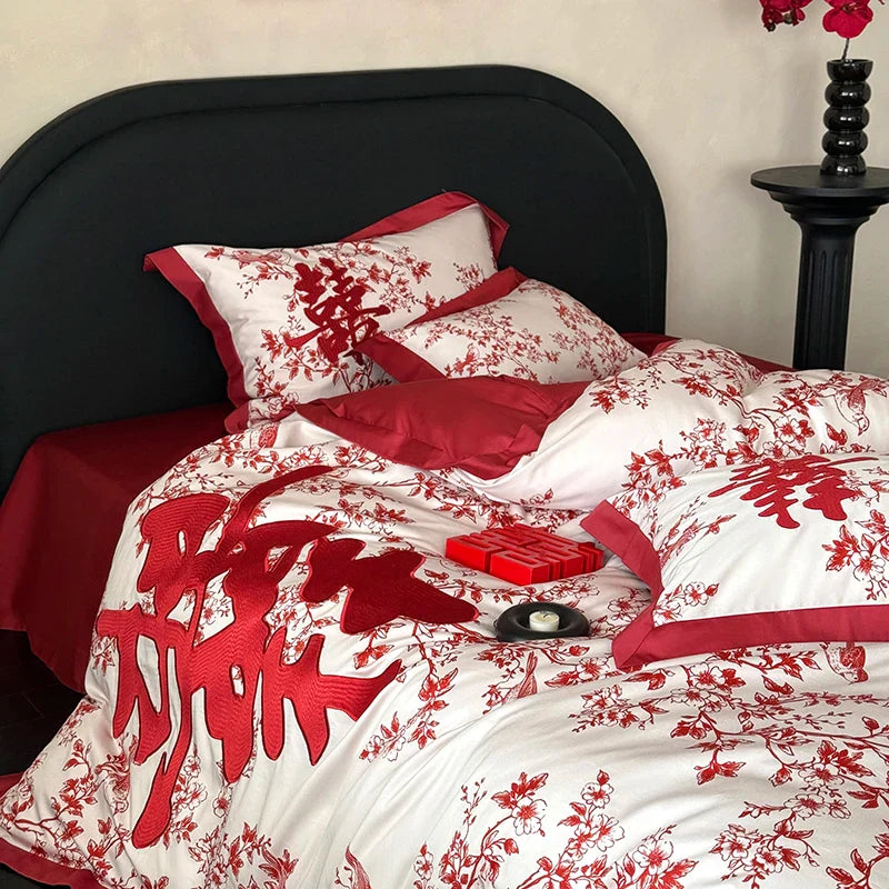 Afralia™ Luxury Red Egyptian Cotton Bedding Set, Queen King Ru Size Sheets & Duvet Cover