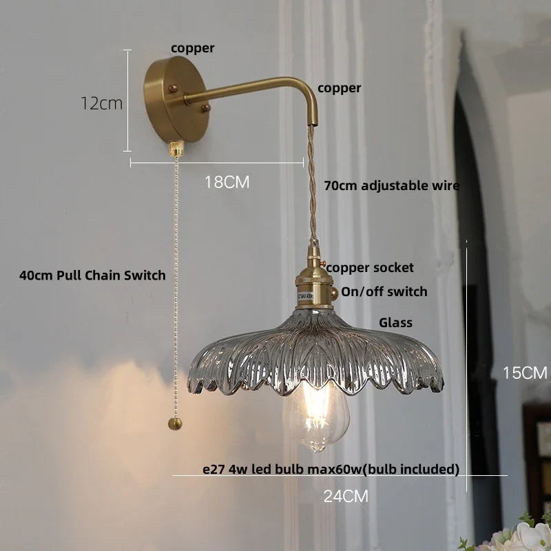 Afralia™ Amber Vintage LED Wall Light Glass Copper Pull Chain Switch for Bedroom