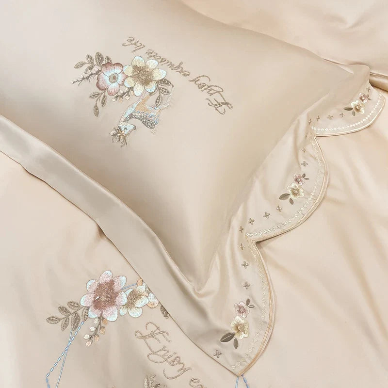Afralia™ Flowers Embroidery Bedding Set: Duvet Cover, Bed Sheet, Pillowcases, Grey Champagne Luxury