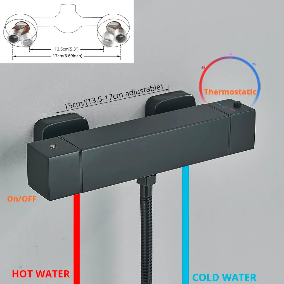 Afralia™ Black/Chrome Thermostatic Shower Set with Brass Wall Mount Mixer Handle Spray