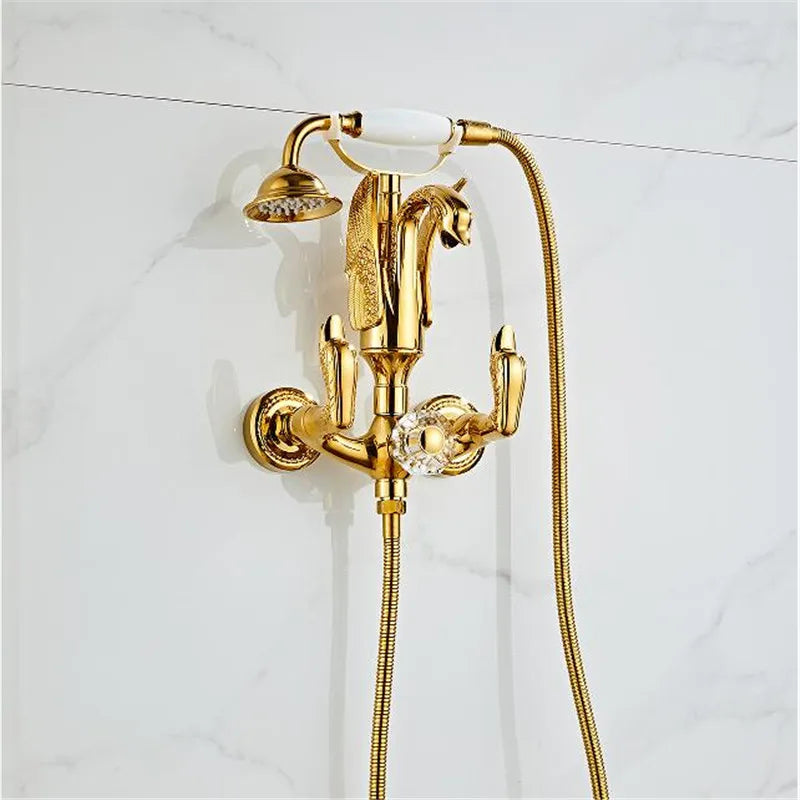 Afralia™ Gold Swan Bathtub & Shower Faucet Set - Wall Mounted Bathroom Mixer Tap
