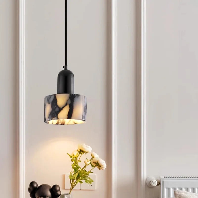 Afralia™ Luxury Black Iron LED Pendant Lights Stone Wire Adjustable Hang Lamp