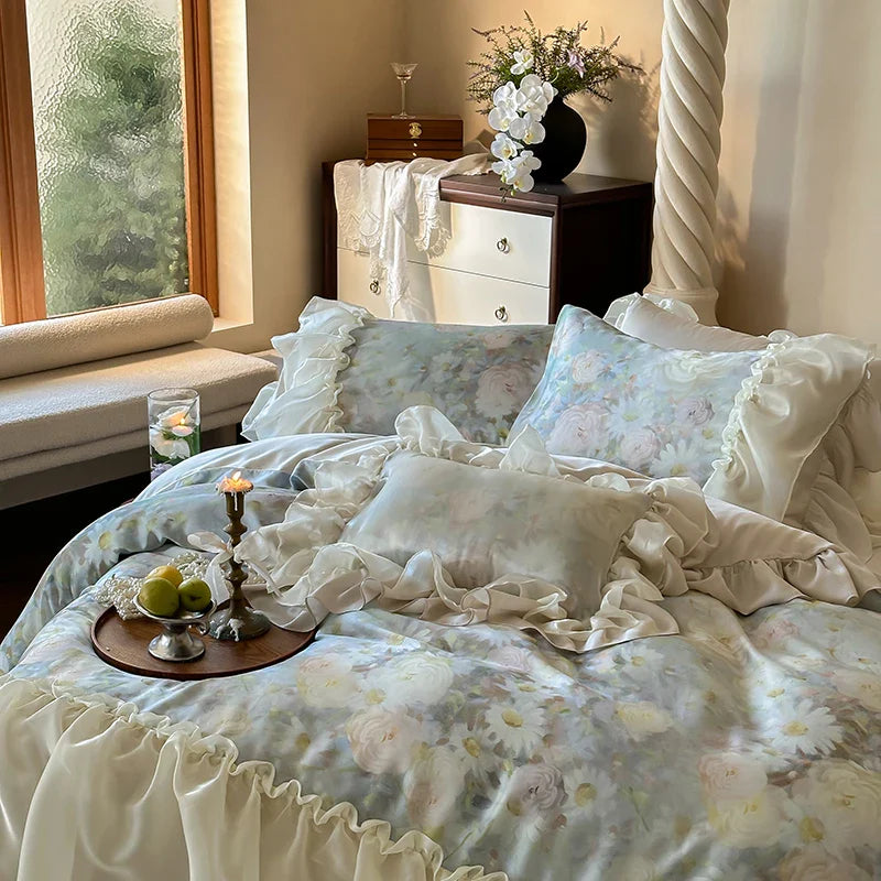 Afralia™ Vintage Flowers Lace Ruffles 800TC Eucalyptus Bedding Set