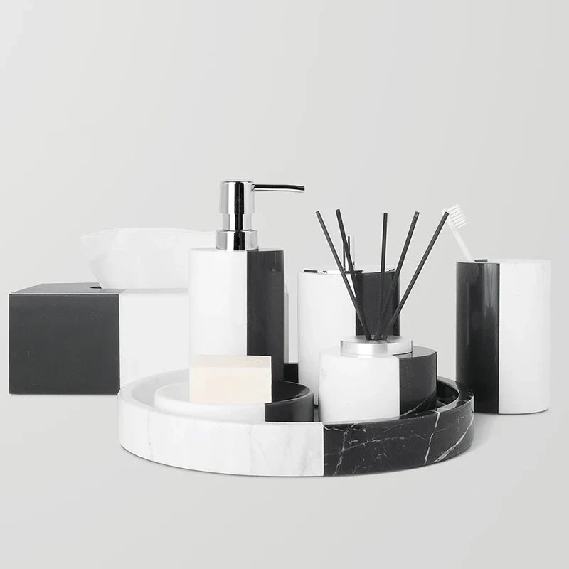 Afralia™ Marble Bathroom Set: Soap Dispenser, Toothbrush Holder, Soap Dish, Cotton Swab Holder