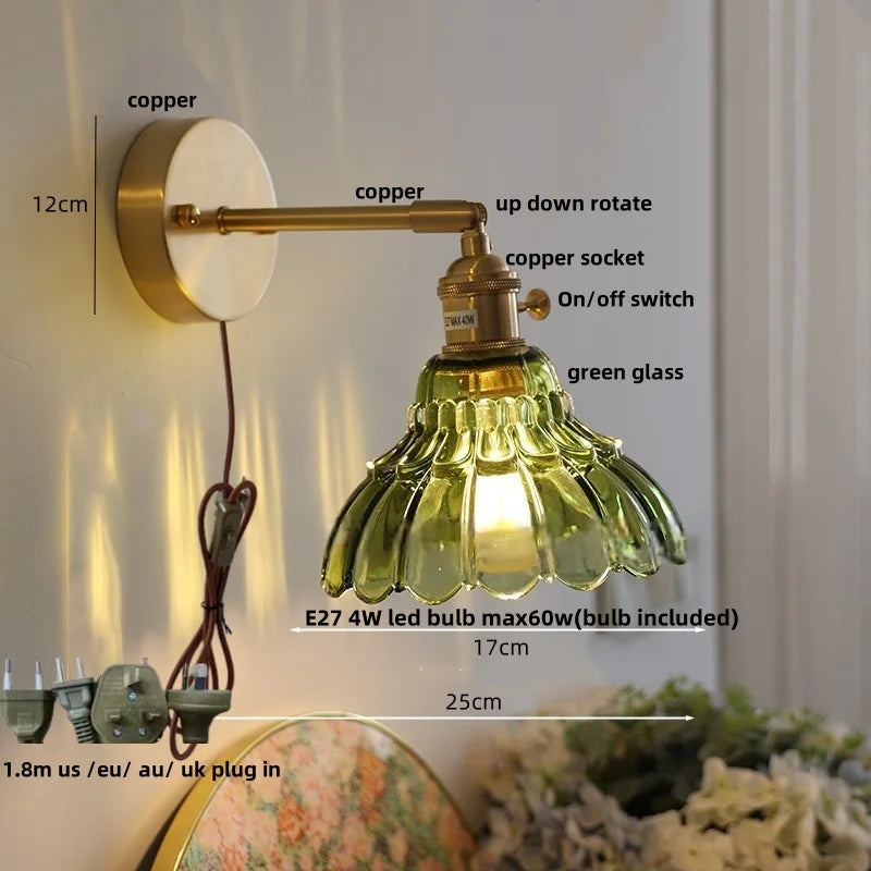 Afralia™ Flower Glass Pull Chain Wall Sconce, Rotatable Copper LED Stair Light