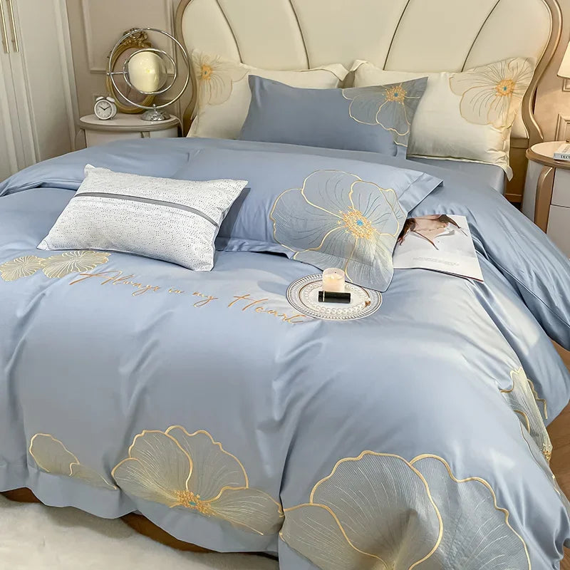 Afralia™ Embroidered Egyptian Cotton Bedding Set for King Queen RU Bed Linens