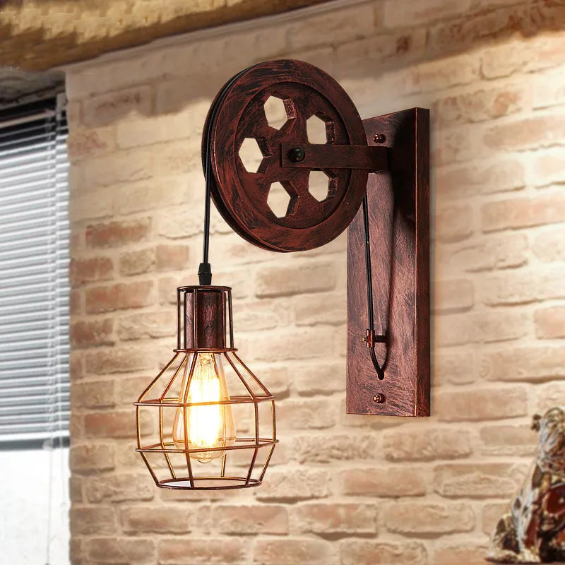 Afralia™ Wrought Iron Pulley Wall Lamp for Home Bedroom Sconce Lighting Fixture E27