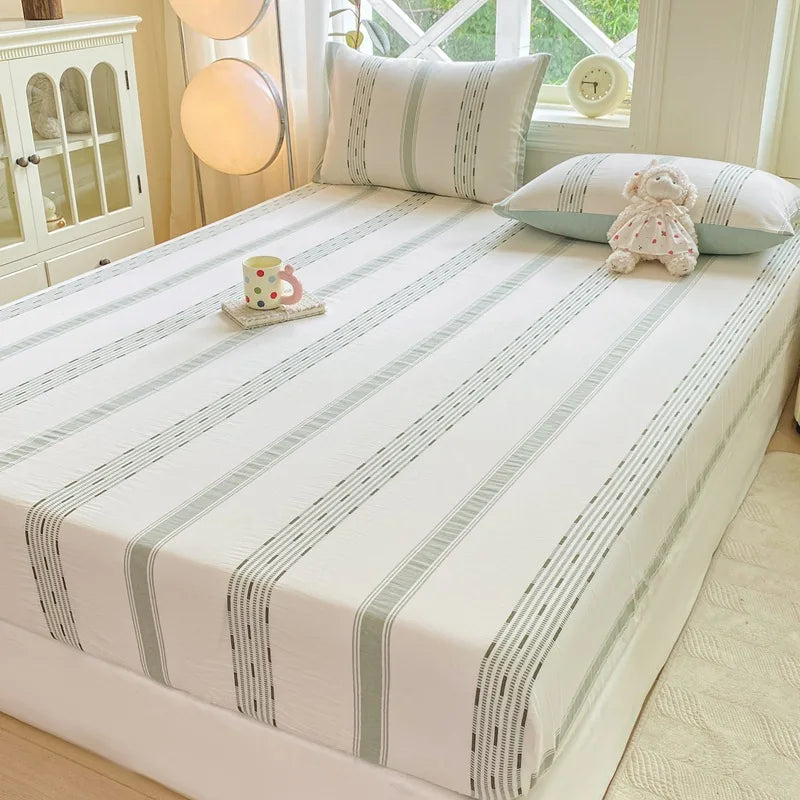 Afralia™ Cotton Jacquard Fitted Sheet Set with 2 Pillowcases, Dustproof & Anti-Slip