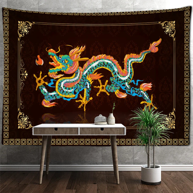 Afralia™ Golden Dragon Totem Carving Tapestry: Mysterious Psychedelic Wall Hanging