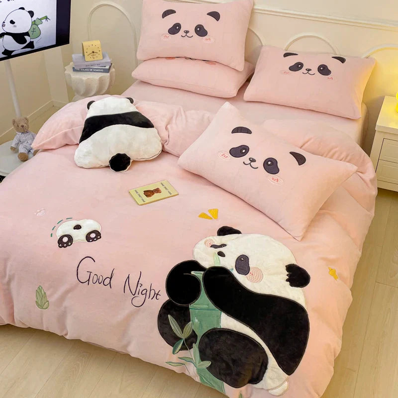 Afralia™ Pink Panda Applique Embroidery Bedding Set Double Queen Duvet Cover Bed Sheet Pillowcases