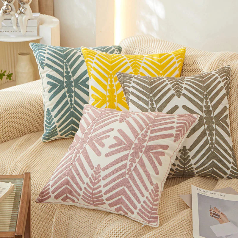 Afralia™ Fern Leaves Embroidery Pillow Cover 45x45cm Blue Yellow Grey Square Cushion Cover