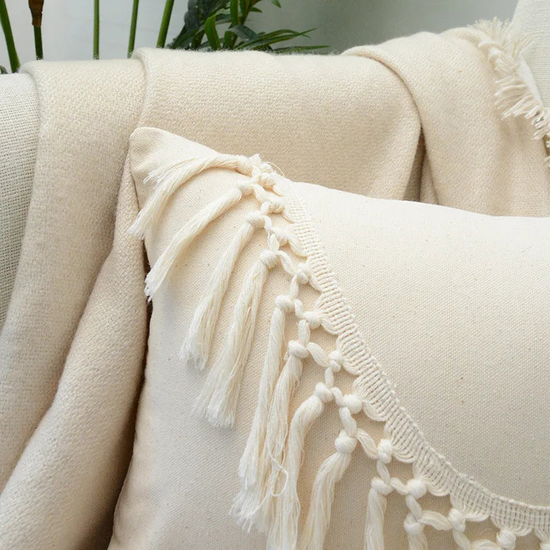 Boho Beige Fringed Cotton Weave Tassel Pillow Case by Afralia™