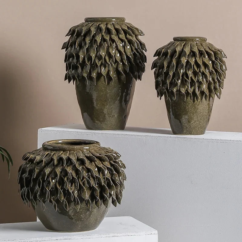 Afralia™ Leaf Relief Ceramic Vase: Hand-made 3D Floral Arrangement Pot