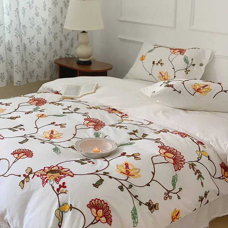 Afralia™ Cotton Bohemia Flowers Embroidery 4pcs Bedding Set Vintage Duvet Cover King Queen
