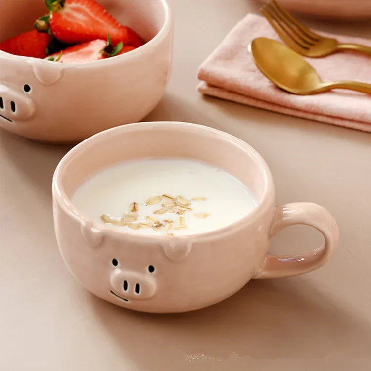 Afralia™ Pink Pig Ceramic Breakfast Plate Set | European Cute Nordic Kitchen Dishes