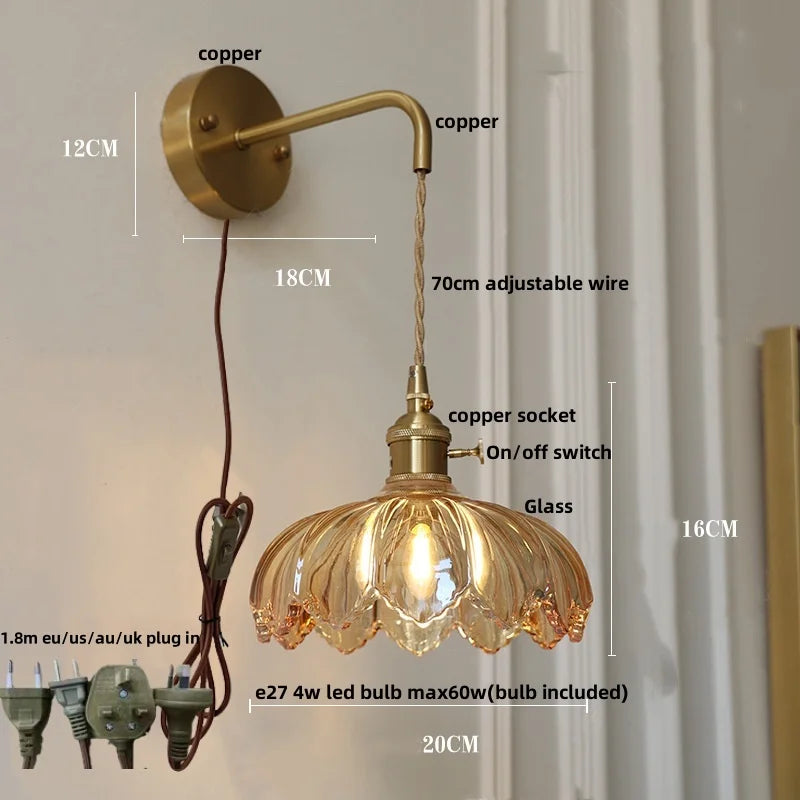 Afralia™ Vintage Amber Coffee LED Wall Lamp Sconce with Adjustable Wire - 70cm