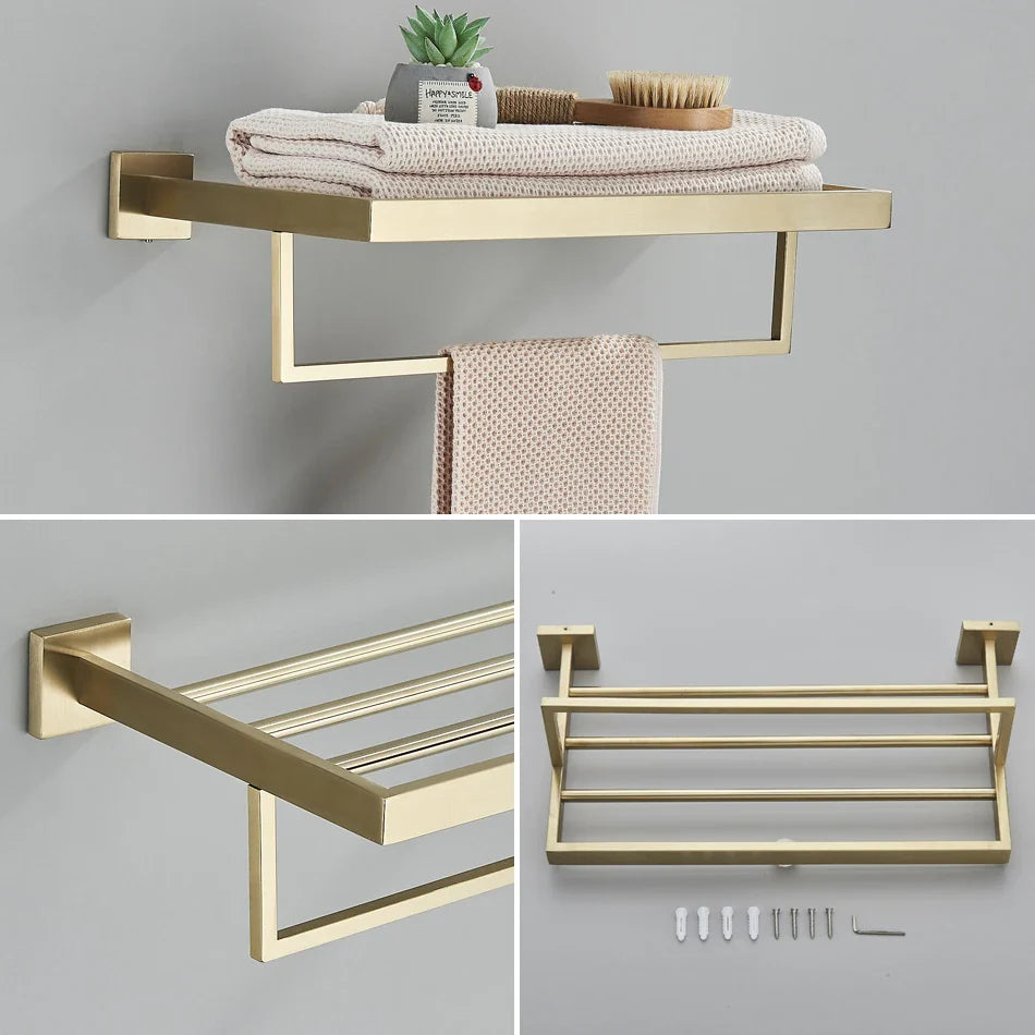 Afralia™ Brushed Gold Bathroom Set: Towel Bar, Robe Hook, Shelf, Tissue Holder & Accessories