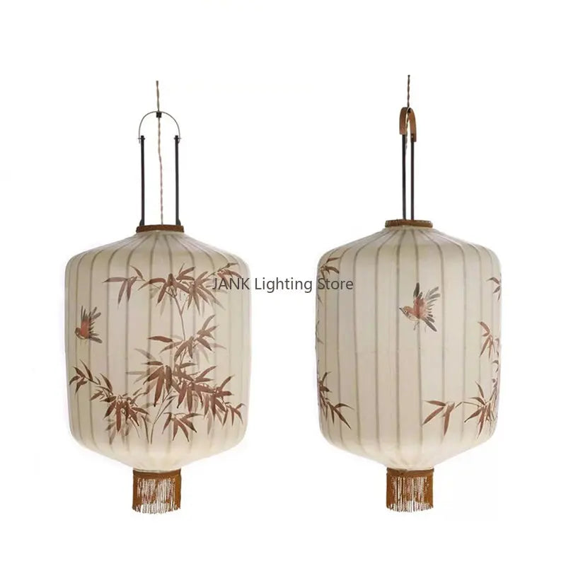 Afralia™ Bamboo Leaf Pattern Lantern Pendent Lamp - Hand-painted Japanese Style Room Decor