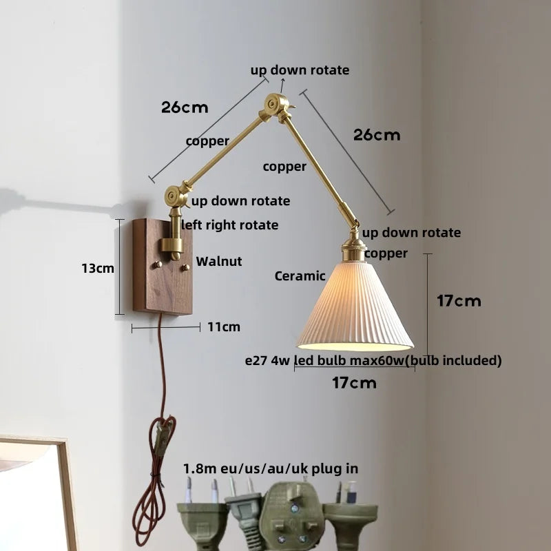 Afralia™ Wood LED Wall Light with Pull Chain Switch & Rotatable Amber Glass