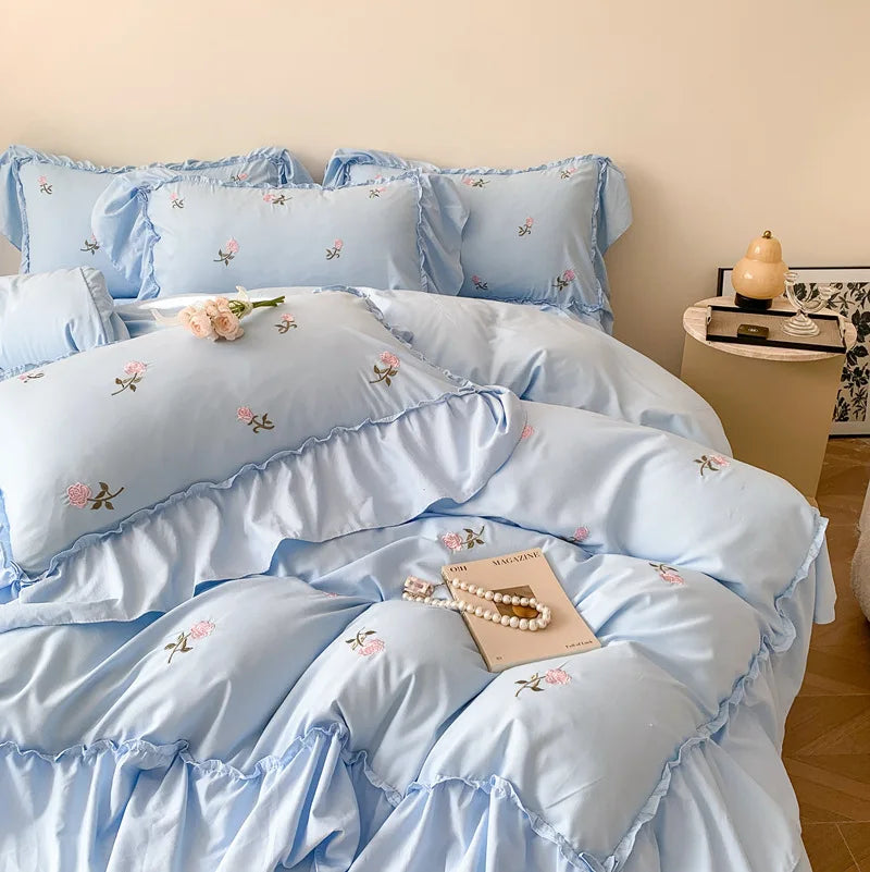 Afralia™ Rose Embroidered Princess Style Lace Bedding Set