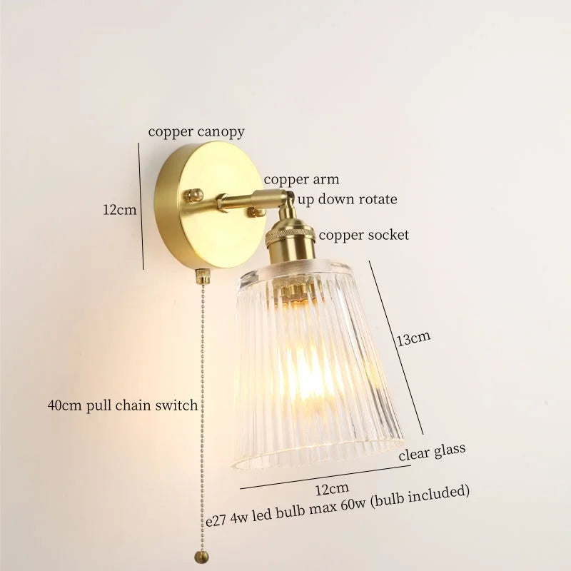 Afralia™ Striped Glass LED Wall Sconce Copper Arm Vintage Lampara Pared