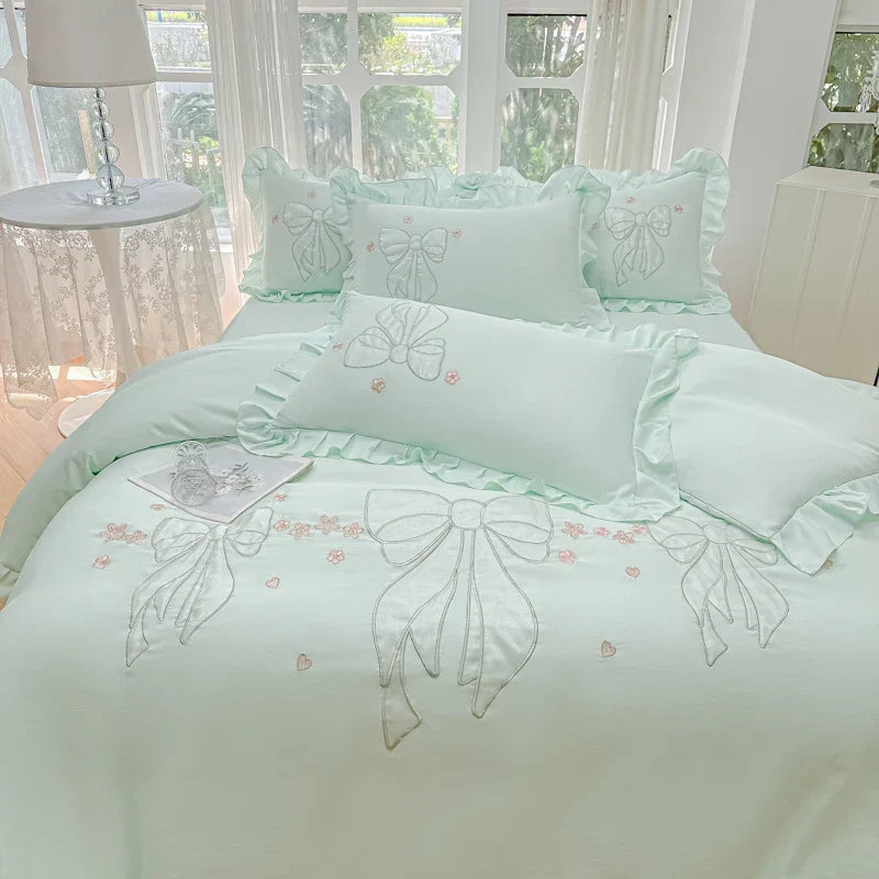 Afralia™ Ice Silk Embroidered Ruffles Duvet Set with Cool & Skin-Friendly Feel