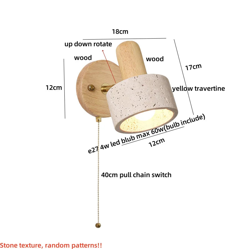 Afralia™ Yellow Travertine Stone Natural Wood LED Wall Light Bedside Lamp