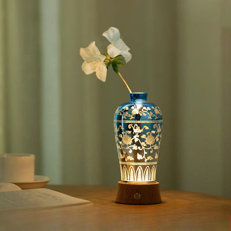 Afralia™ Liuguang Qingying Vase Night Light: Elegant Decorative Flower Table Lamp
