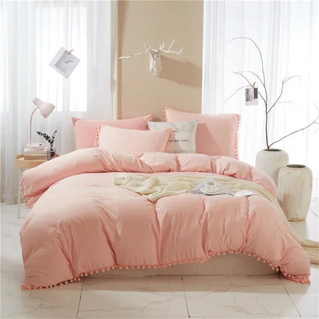 Afralia™ Furball Tasseles Bedding Set | King/Queen Duvet Cover & Washed Quilt Cover Set