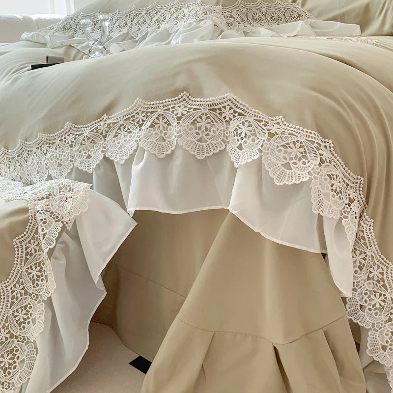 Afralia™ Matcha Green French Chiffon Lace Queen Bedding Set with Ruffles & Embroidery