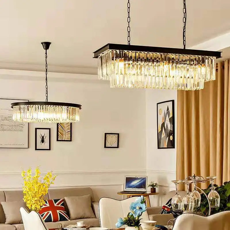 Afralia™ Gold Black Metal LED Chandelier with K9 Crystal - Retro Square Chain Pendant Lighting