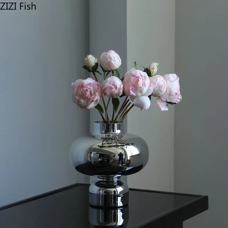 Afralia™ Silver Geometric Circle Glass Vase for Home Decor & Hydroponic Plant Display