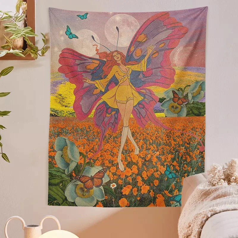 Afralia™ Butterfly Girl Wall Hanging: Vintage 70s Tapestry for Trippy Hippie Dorm Decor.