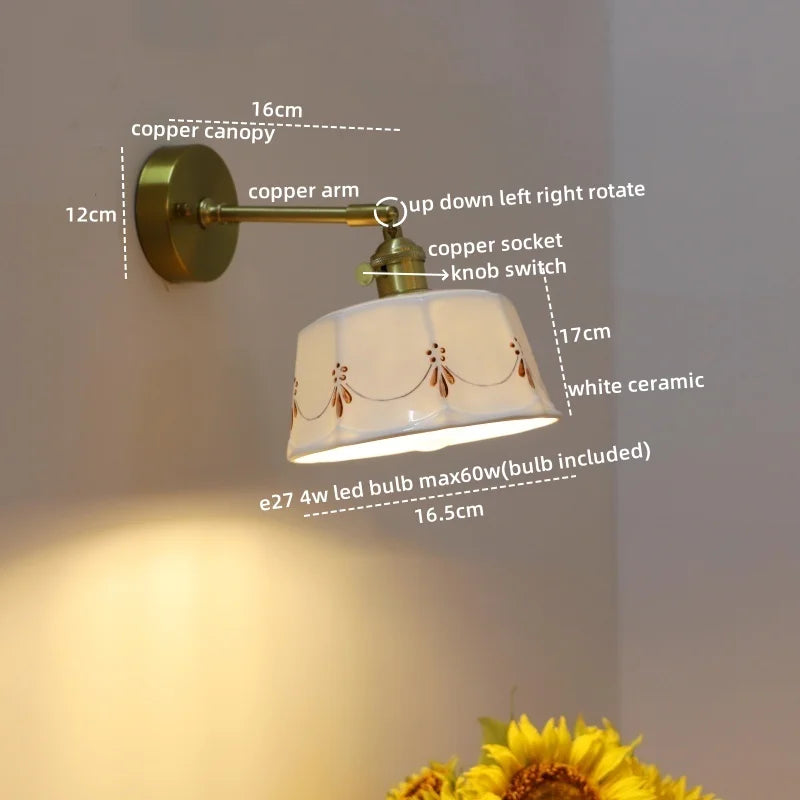Afralia™ Ceramic Hand-painted LED Wall Light, Pull Chain Switch, Modern Bedside Lamp