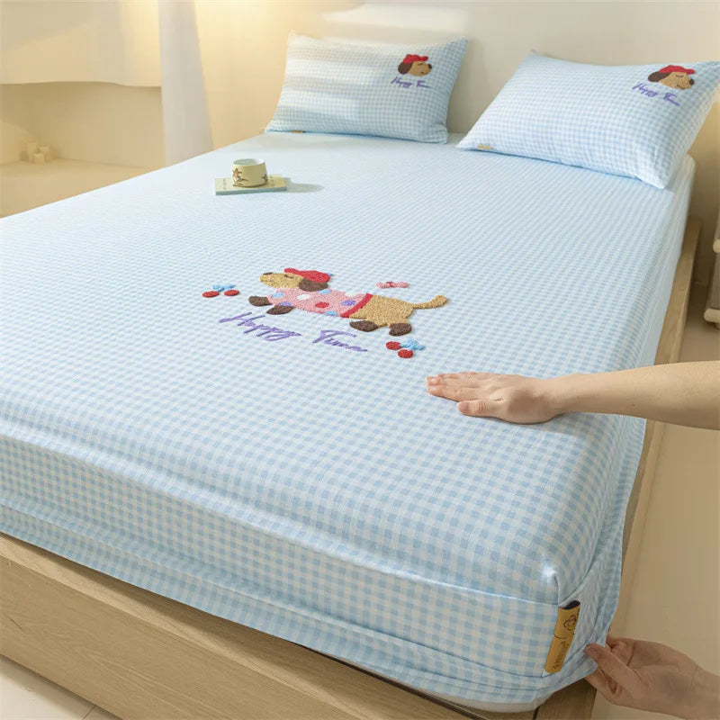 Afralia™ Cartoon Embroidered Fitted Sheet Single Bed Cover, 100% Cotton, All Seasons, Anti-Slip