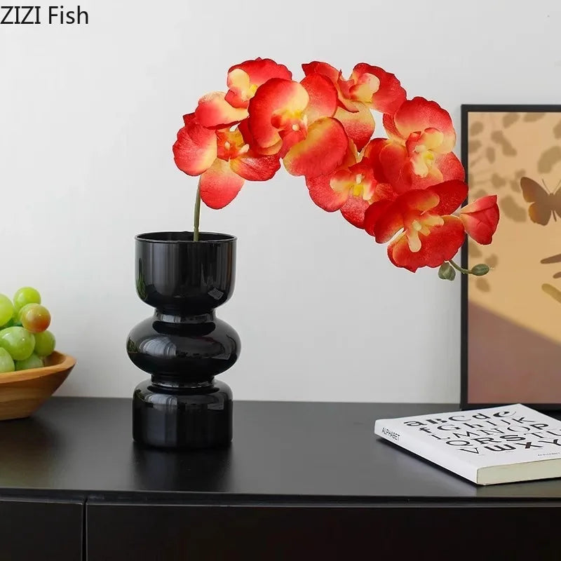 Afralia™ Black Glass Vase with Artificial Flowers for Stylish Room Decor