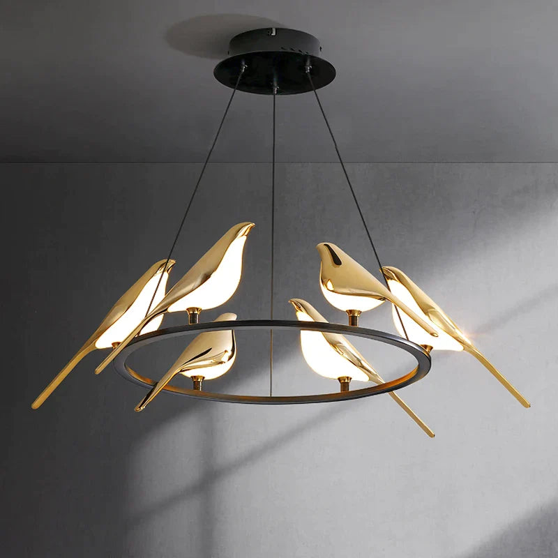 Afralia™ Modern Bird Living Room Chandelier LED Lighting 6-Light Creative Bedroom Pendant