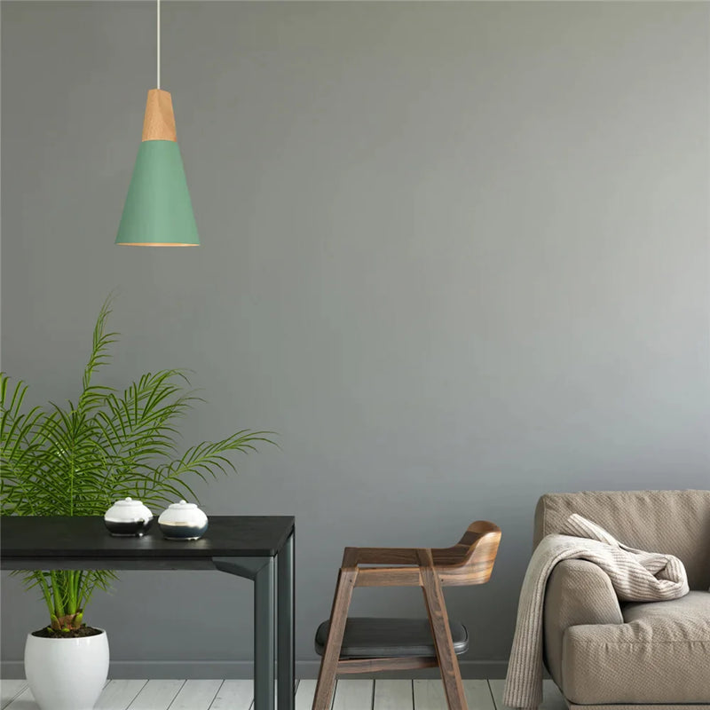 Afralia™ Nordic Green Wood Metal Pendant Lamp for Bedroom Living Dining Room Lighting