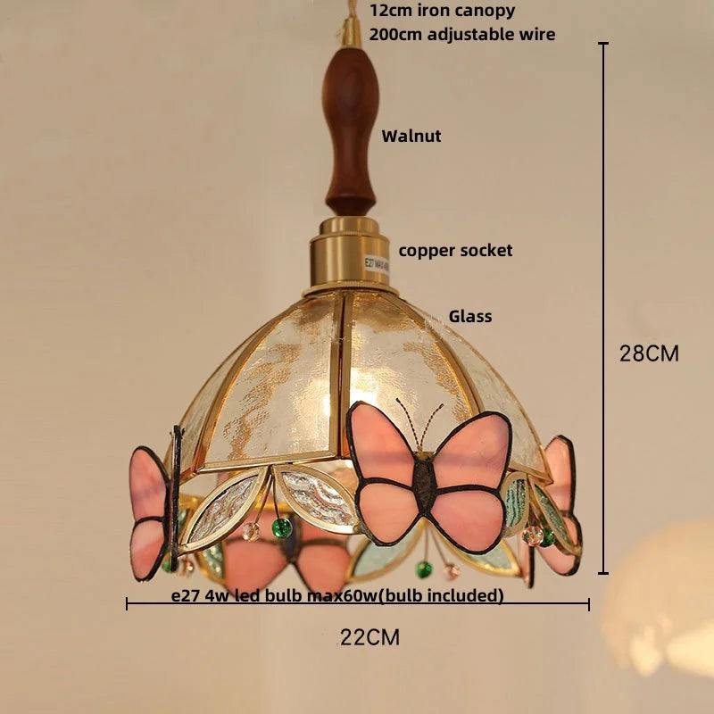 Afralia™ Butterfly Pink LED Pendant Lamp Walnut Wood Glass Nordic Modern Home Decor