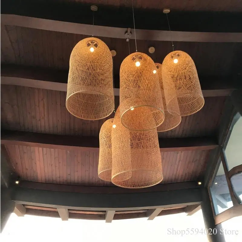 Afralia™ Vintage Chinese Bamboo Art Pendant Light - Wood Suspension Fixture