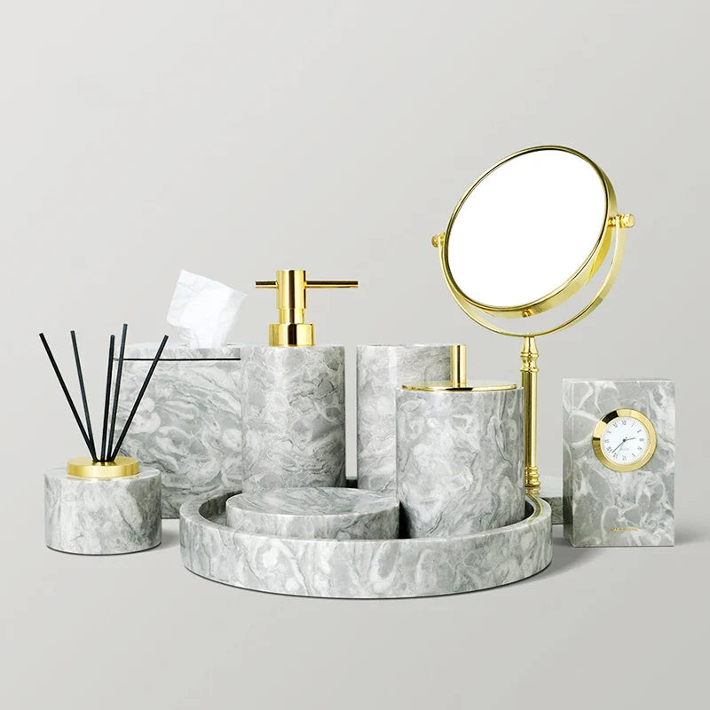 Afralia™ Marble Bathroom Accessories Set - Soap Dispenser, Toothbrush Holder, Cup, Toilet Brush
