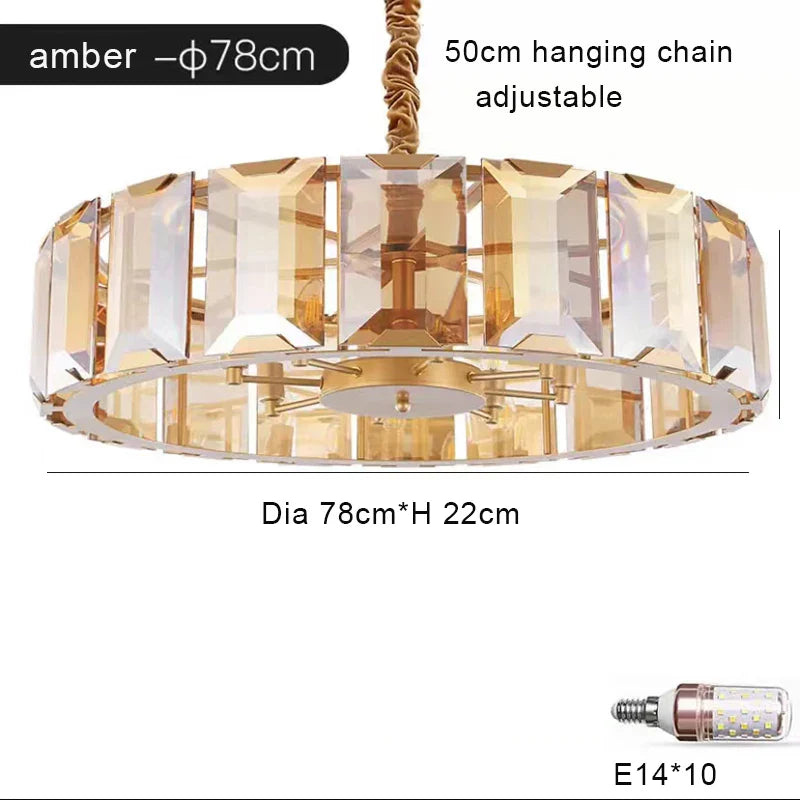 Afralia™ Smoke Grey LED Pendant Light for Living Room - Amber Crystal Lustre Chandelier