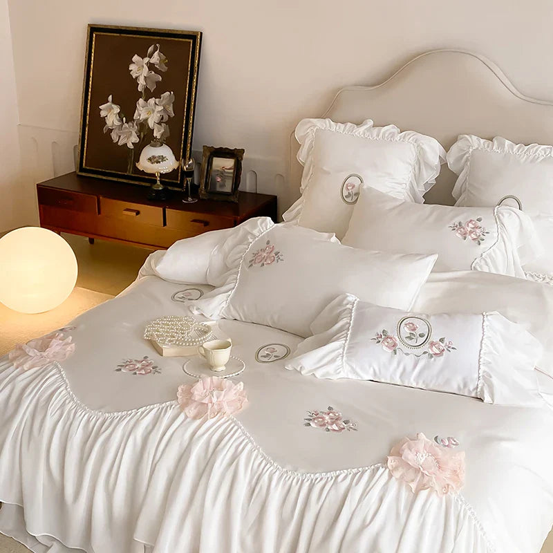 Afralia™ Lace Ruffles Flowers Embroidery 4Pc Egyptian Cotton Bedding Set