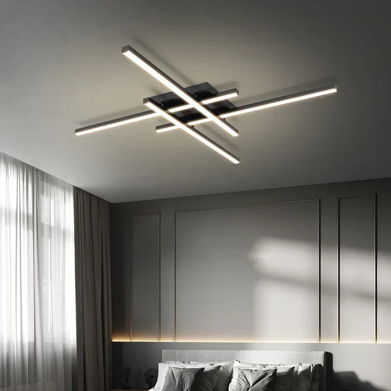 Afralia™ Modern Black Line Ceiling Chandelier LED Strip Lights