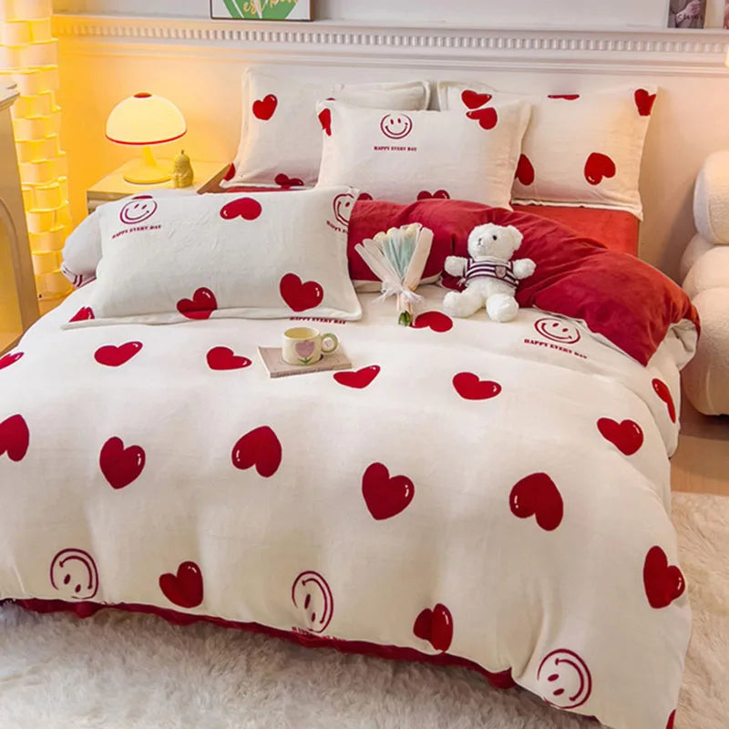Afralia™ Winter Cartoon Crystal Velvet Bedding Set - Queen Size Warm Duvet Cover