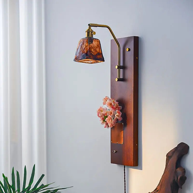 Afralia™ Retro Solid Wood Flower Wall Lamp for Medieval Bedroom, Copper Glass Staircase Decor